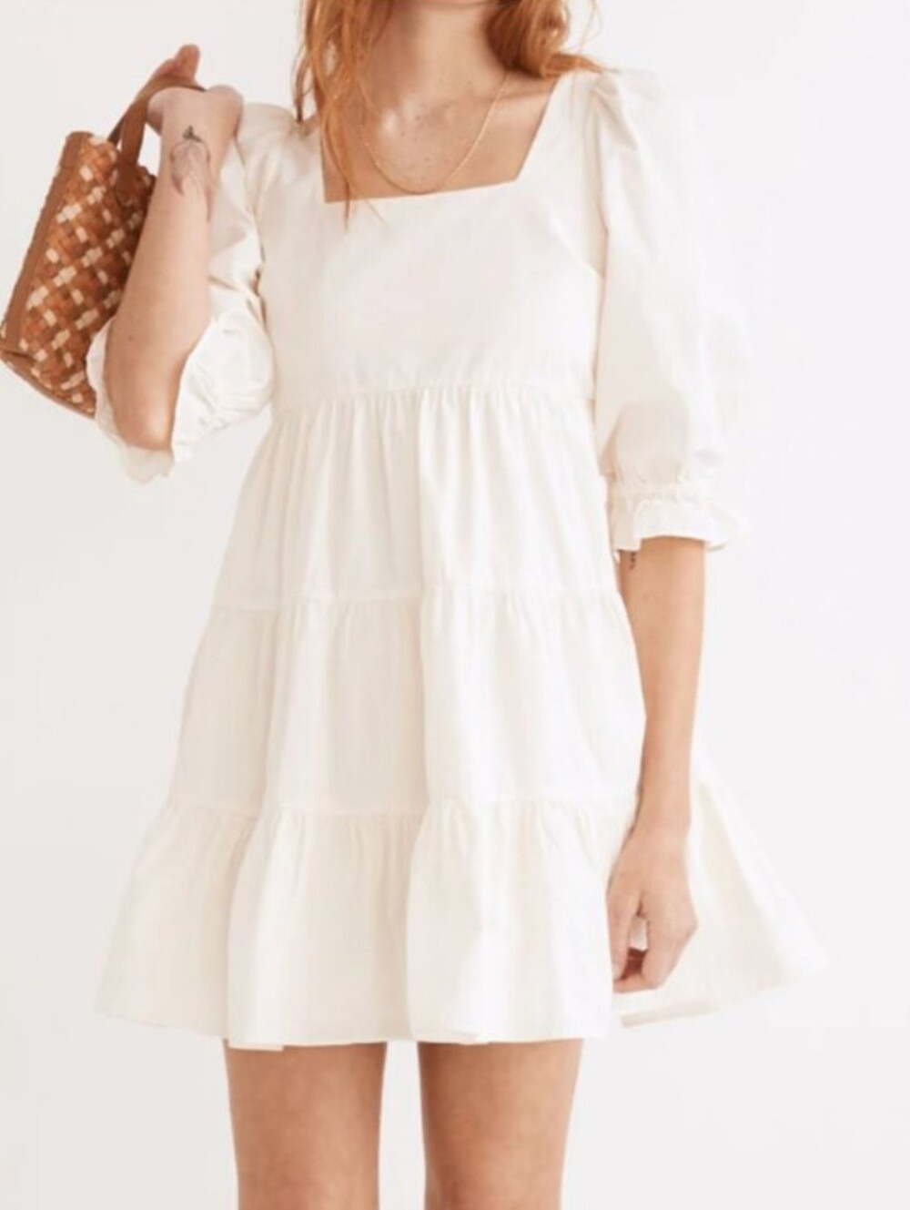 MADEWELL Lizzie Poplin Off White Tiered Puff Sleeve Dress - Women's - Size 8